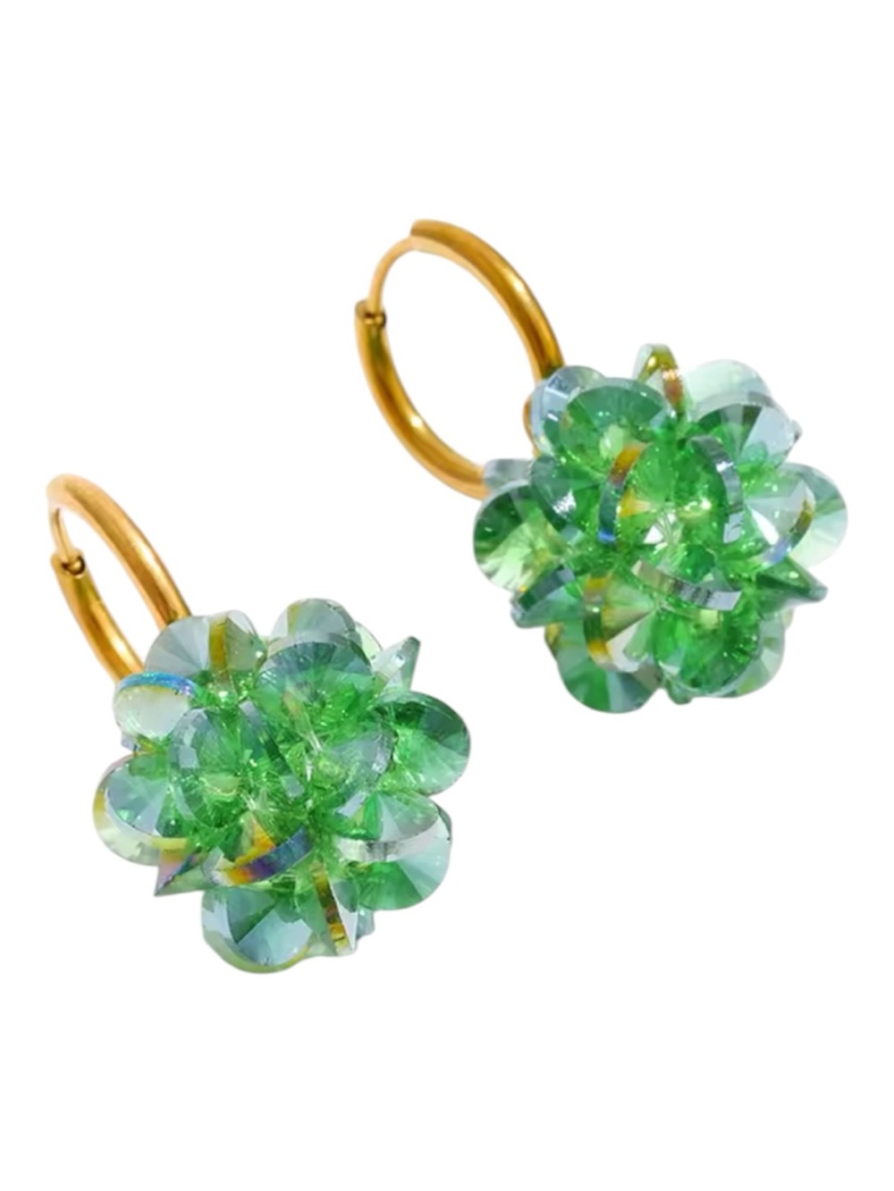 Gold Hoop Earrings with Green Crystal Flower Charms